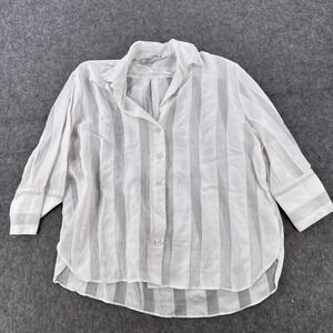 Zara Shirt Womens Medium White Striped 3/4 Sleeve Button Up Blouse Collared
